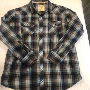 Y2K XL black snap pearl button reverse stitch plaid western Shirt